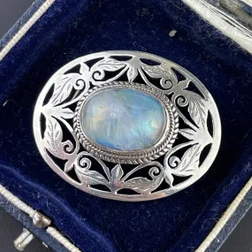 Antique Silver Leaf Rainbow Moonstone Brooch Pin