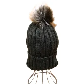 Avenel Acrylic Knit Beanie with Fur Pom Pom Olive