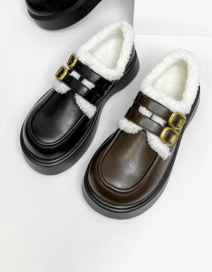 Double Buckle Round Toe Winter Loafers With Fur