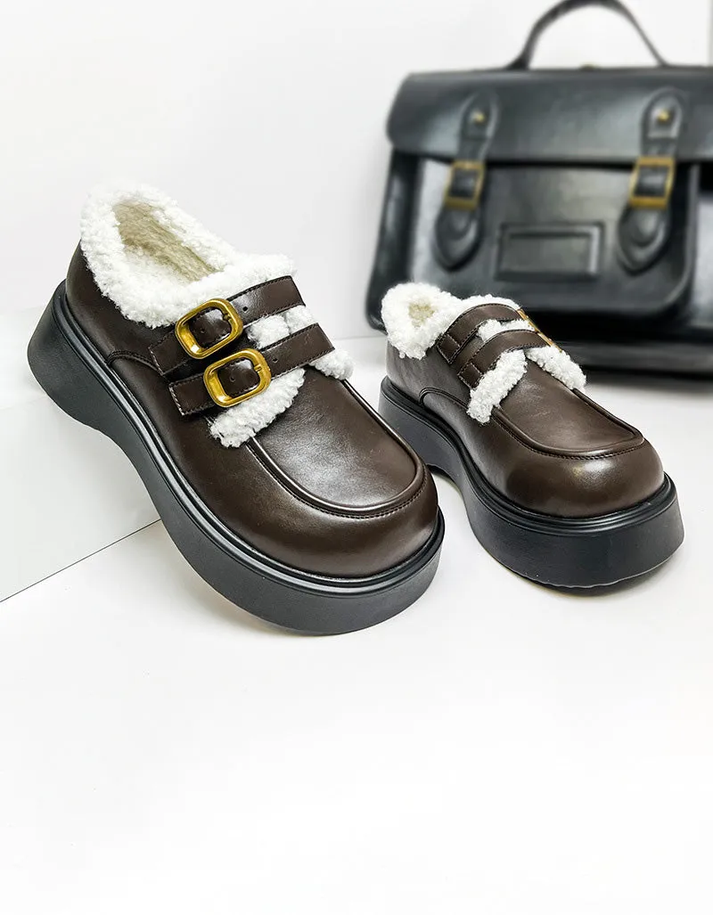 Double Buckle Round Toe Winter Loafers With Fur