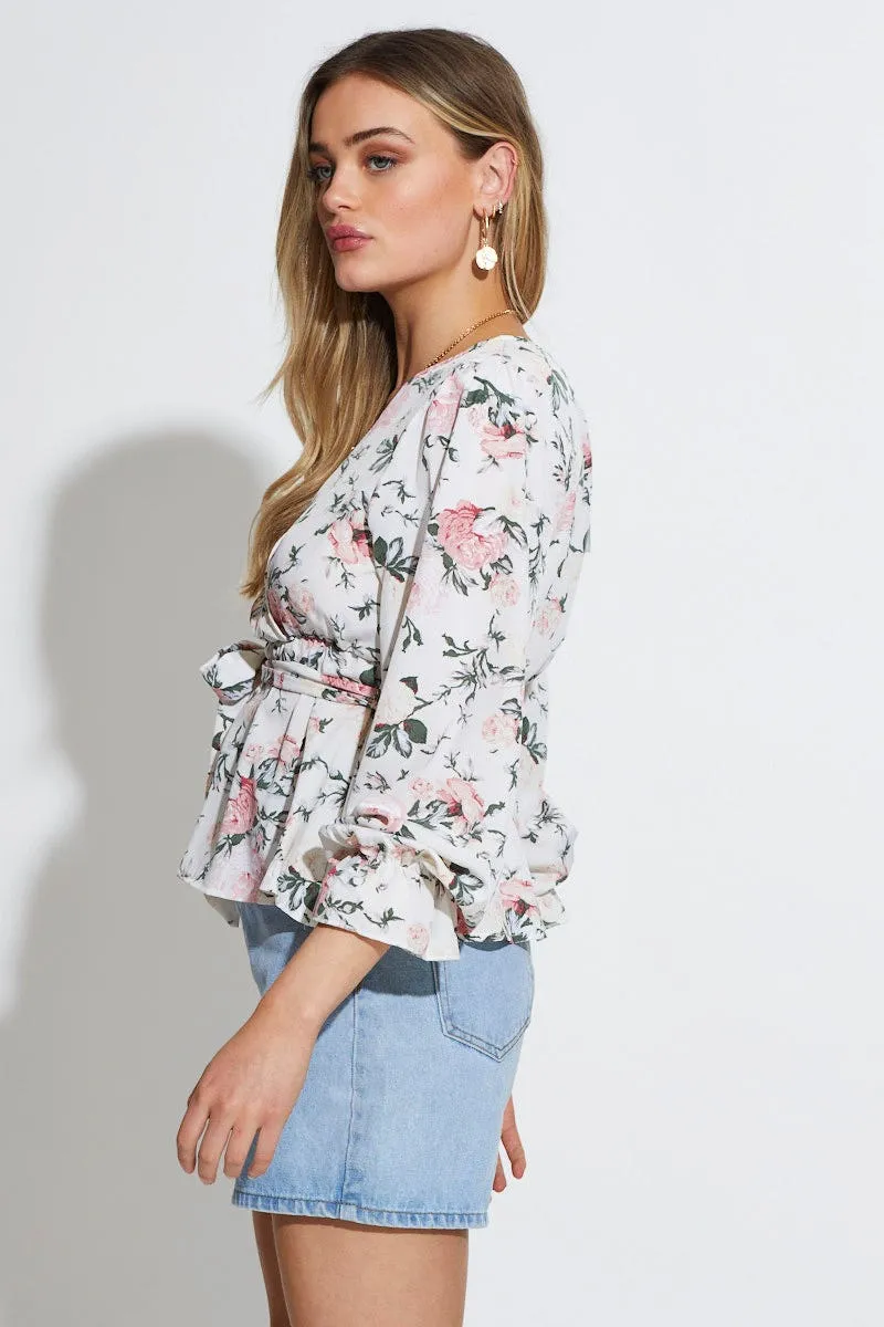 Geo Print Wrap Top Long Sleeve