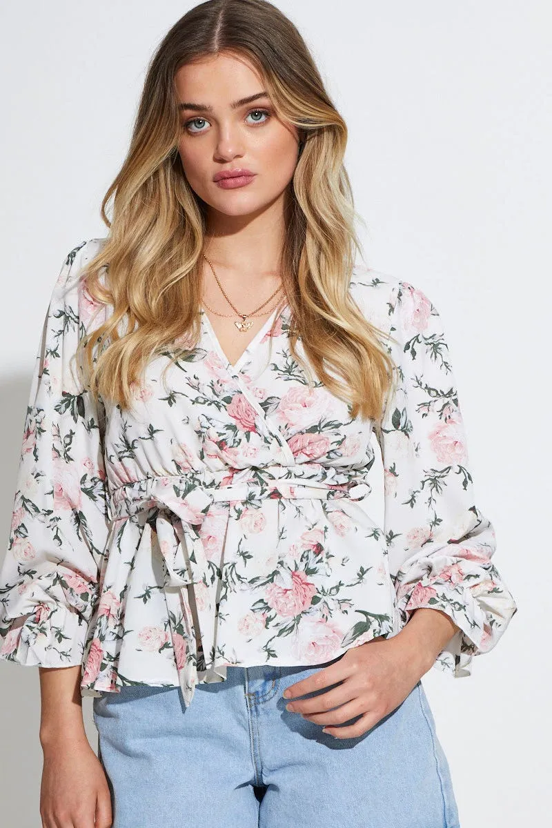 Geo Print Wrap Top Long Sleeve