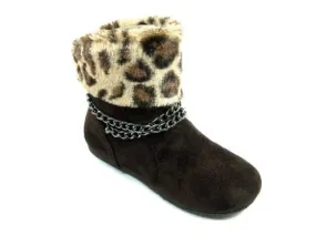 Girls Chain Design Faux Leopard Fur Ankle High Suede Boots