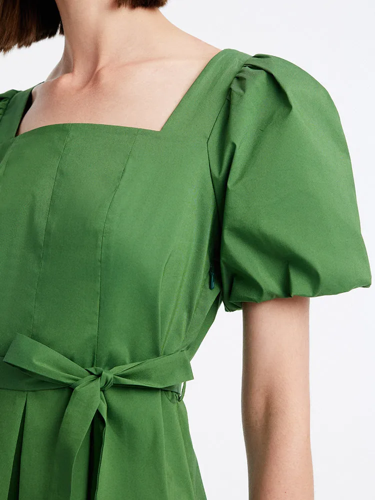 Green Square Neck Puff Sleeve A-Line Mini Dress