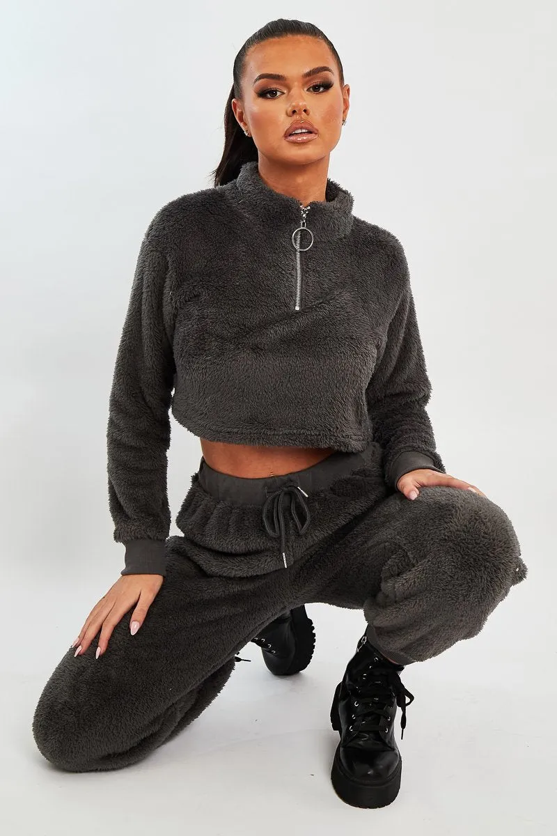 Grey Cropped Zip Front Teddy Jumper - Brady