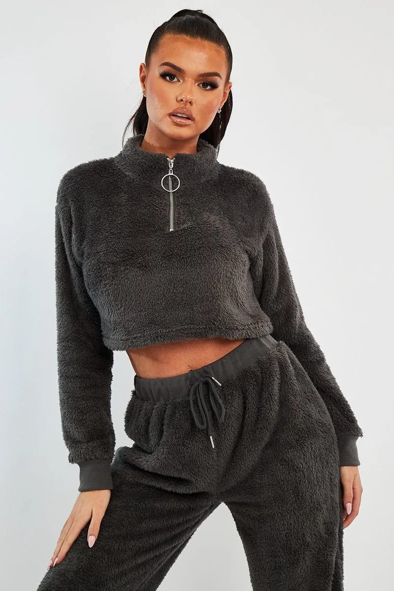 Grey Cropped Zip Front Teddy Jumper - Brady