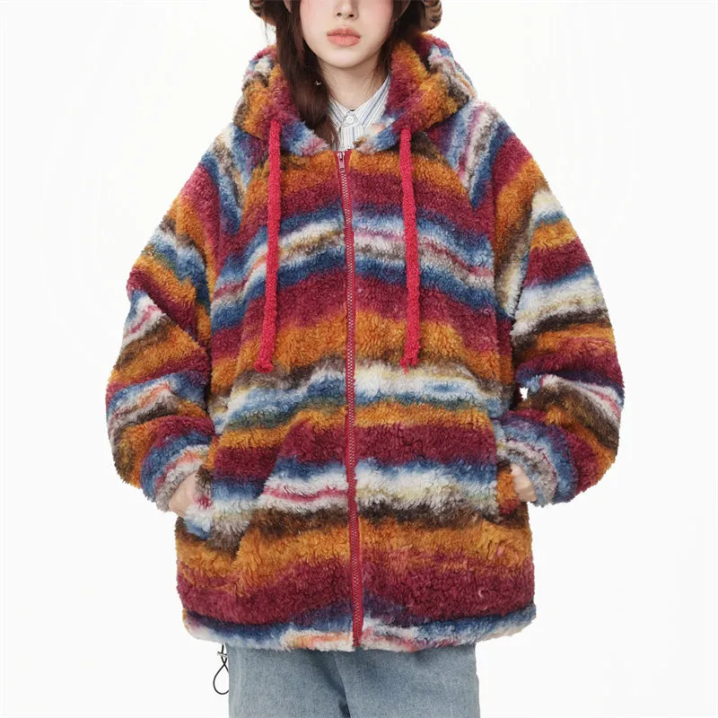 Lazy Fluffy Coats with Contrast Color Stripe