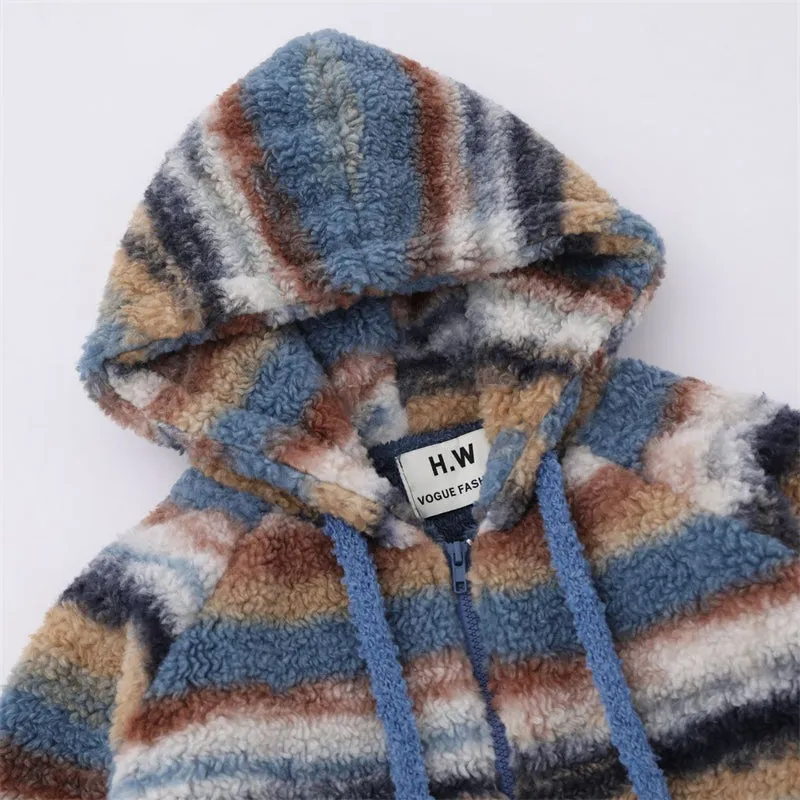 Lazy Fluffy Coats with Contrast Color Stripe