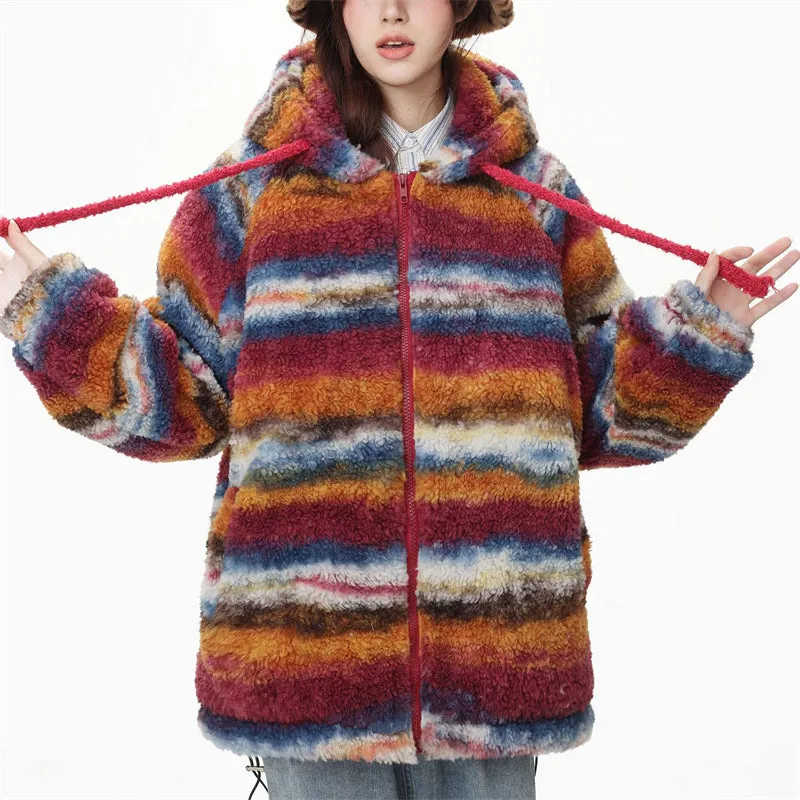 Lazy Fluffy Coats with Contrast Color Stripe