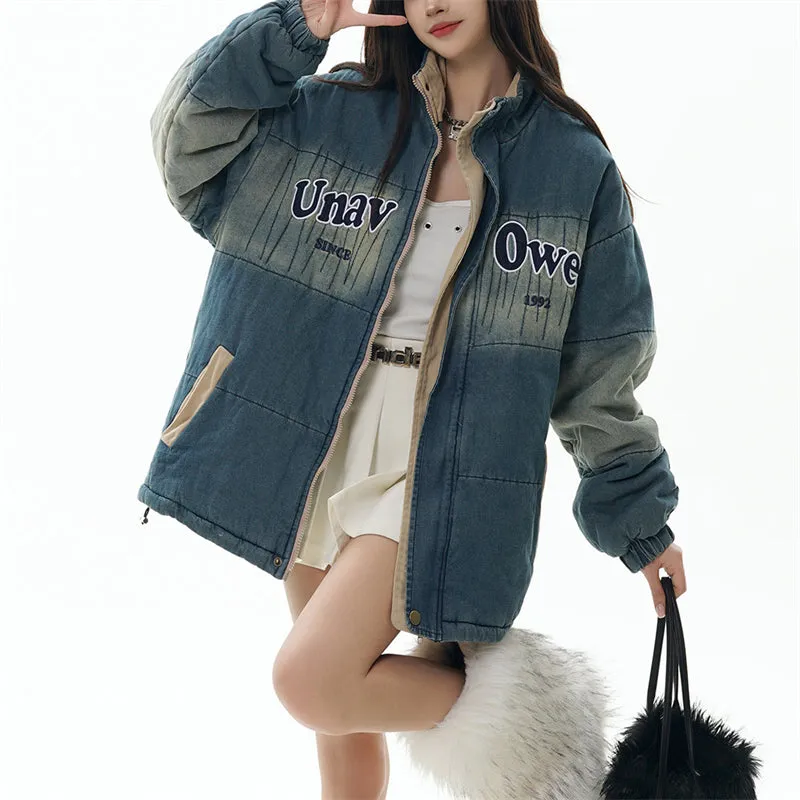 Letter Embroidery Gradient Color Denim Coat