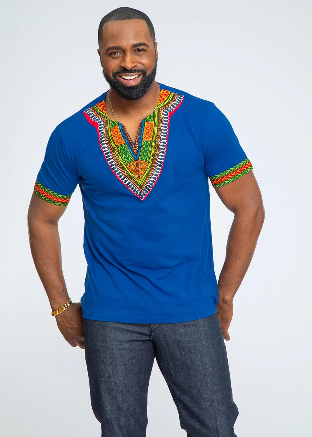 Men's African Print Dashiki T-Shirt (Blue)