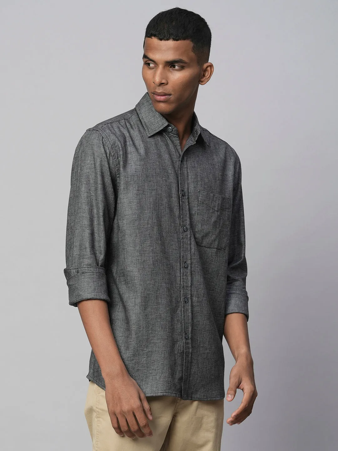 Men's Black Cotton Regular Fit Checked Shirt