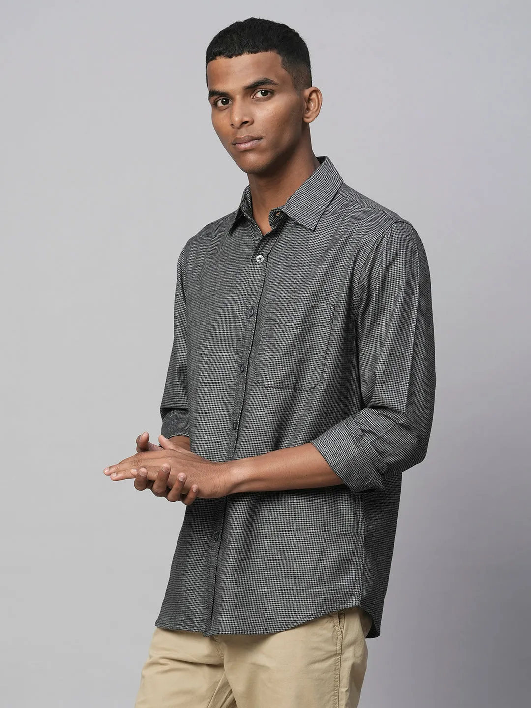 Men's Black Cotton Regular Fit Checked Shirt