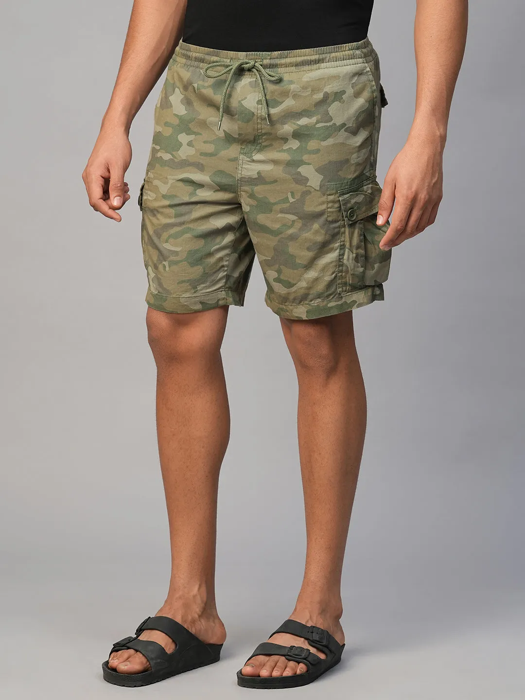 Men's Olive Cotton Regular Fit Shorts