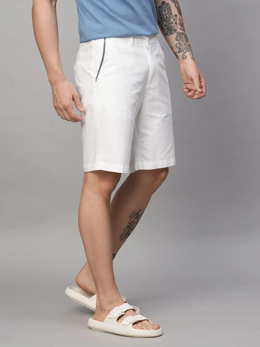 Men's White Cotton Regular Fit Shorts