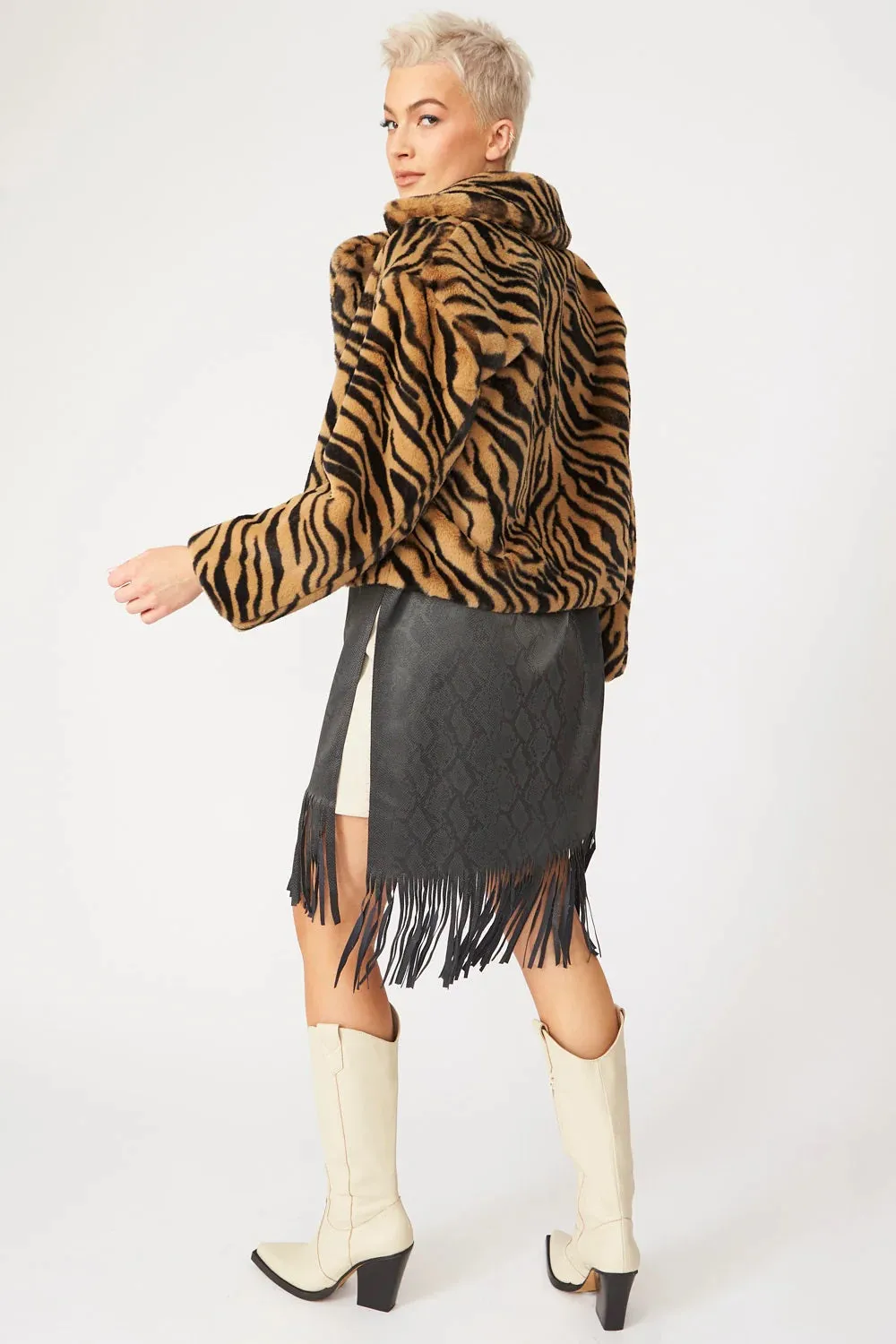 Mocha Faux Fur Cropped Tiger Print Jacket