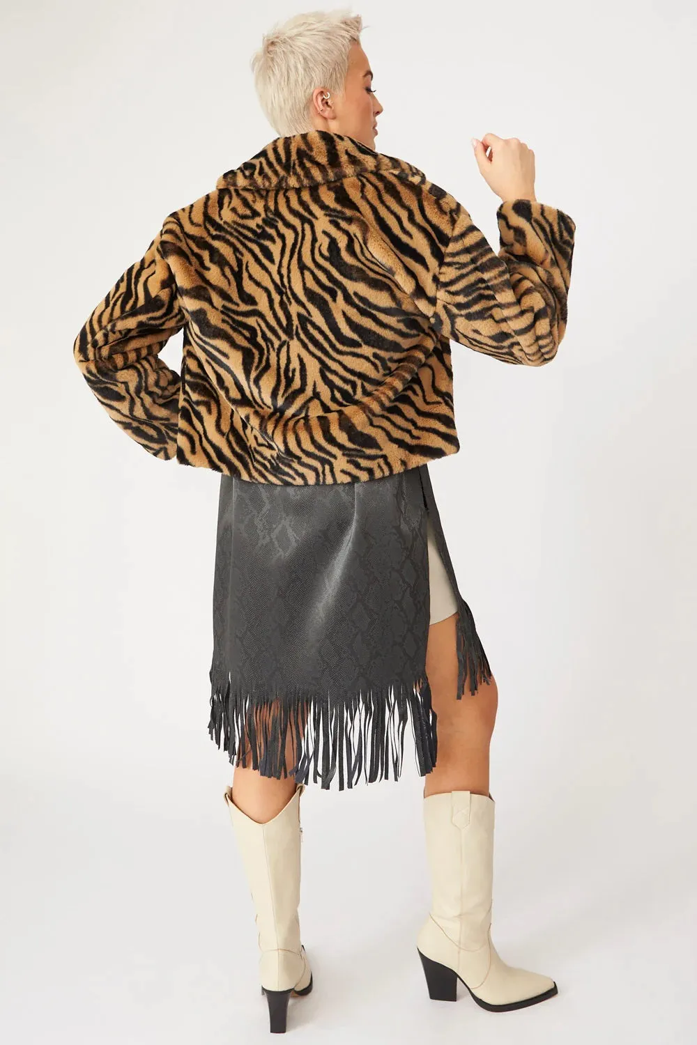 Mocha Faux Fur Cropped Tiger Print Jacket