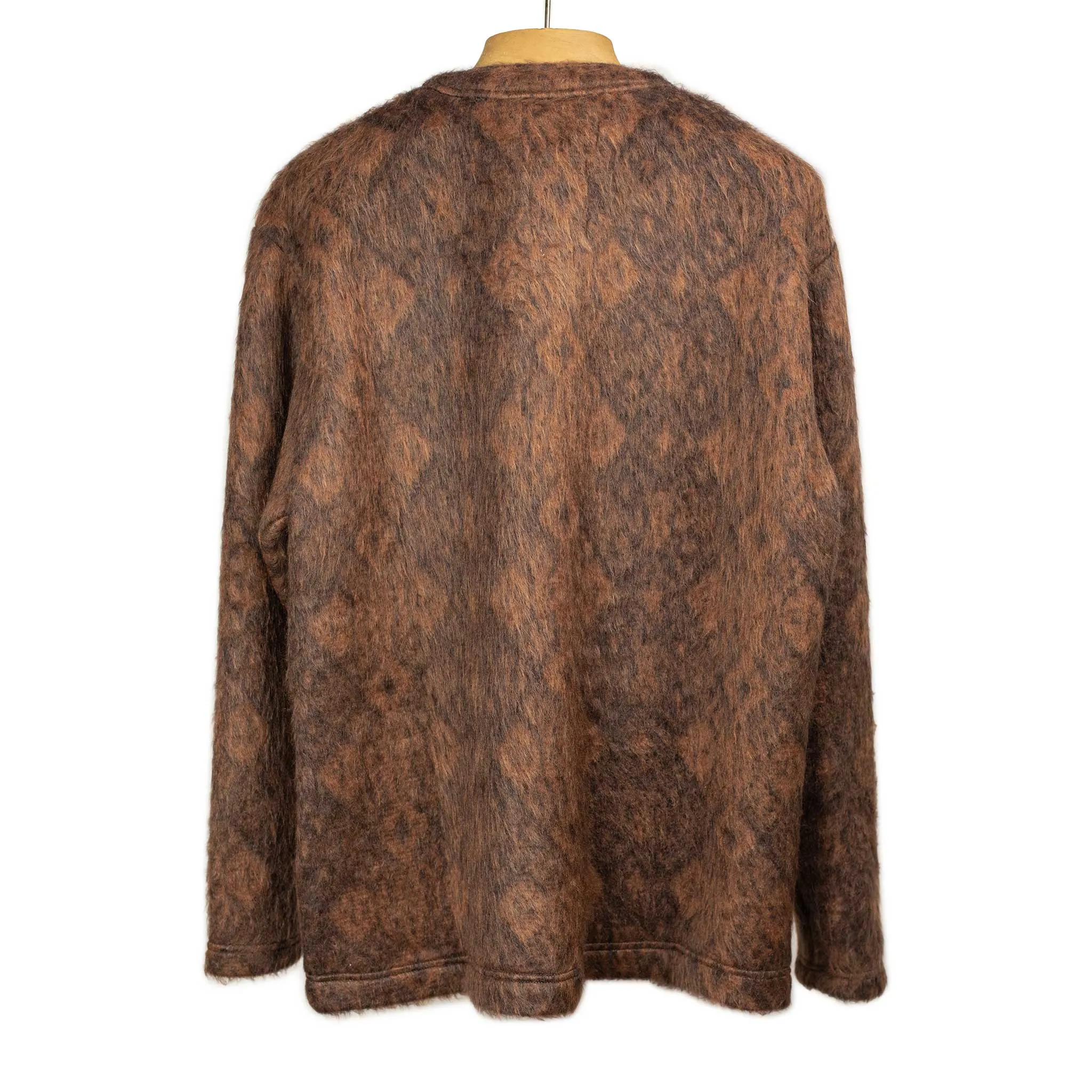 Shaggy v-neck cardigan in brown and black talisman pattern (10th anniversary capsule)