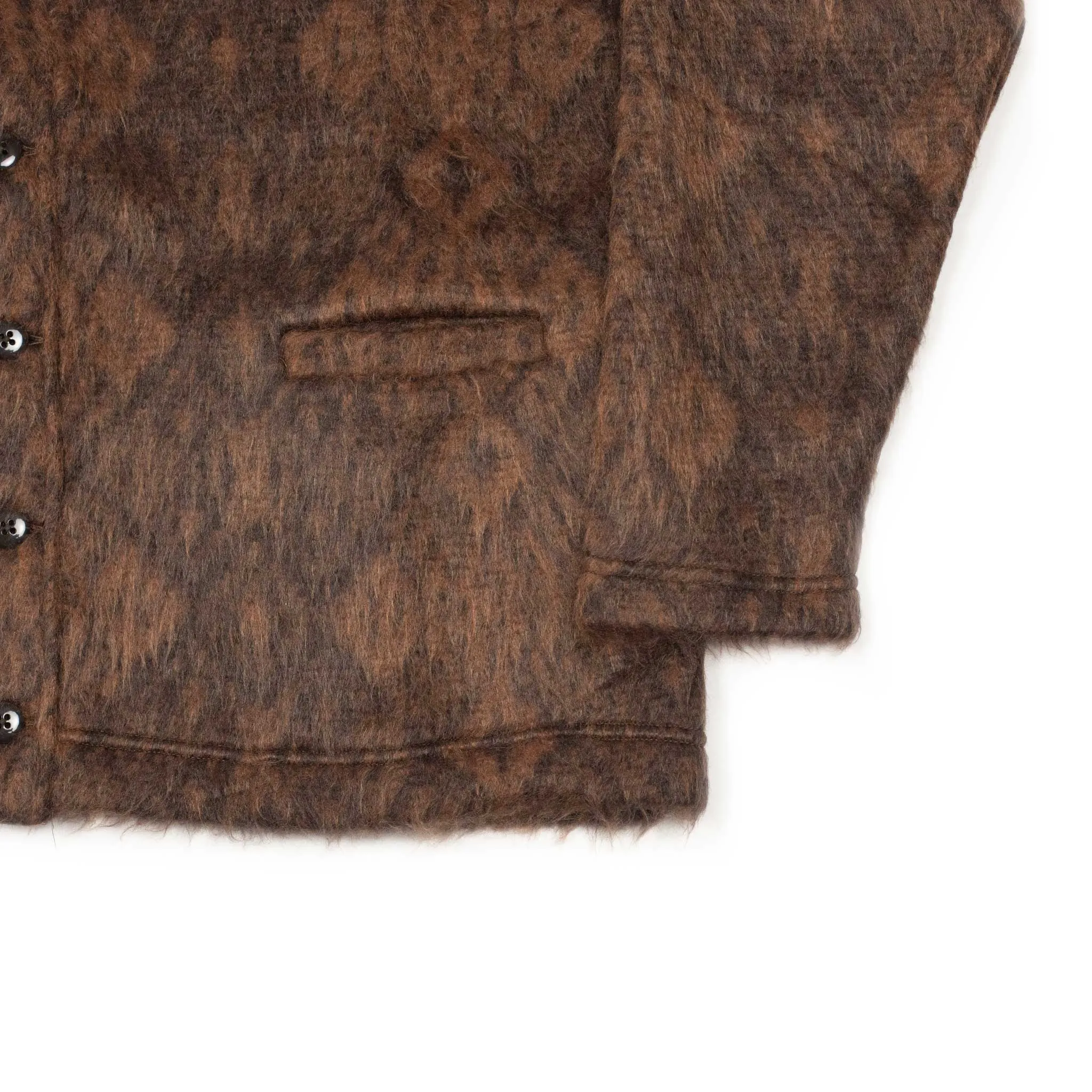 Shaggy v-neck cardigan in brown and black talisman pattern (10th anniversary capsule)