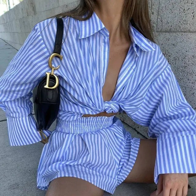 Striped Blouse Shirts and Shorts Matching Set