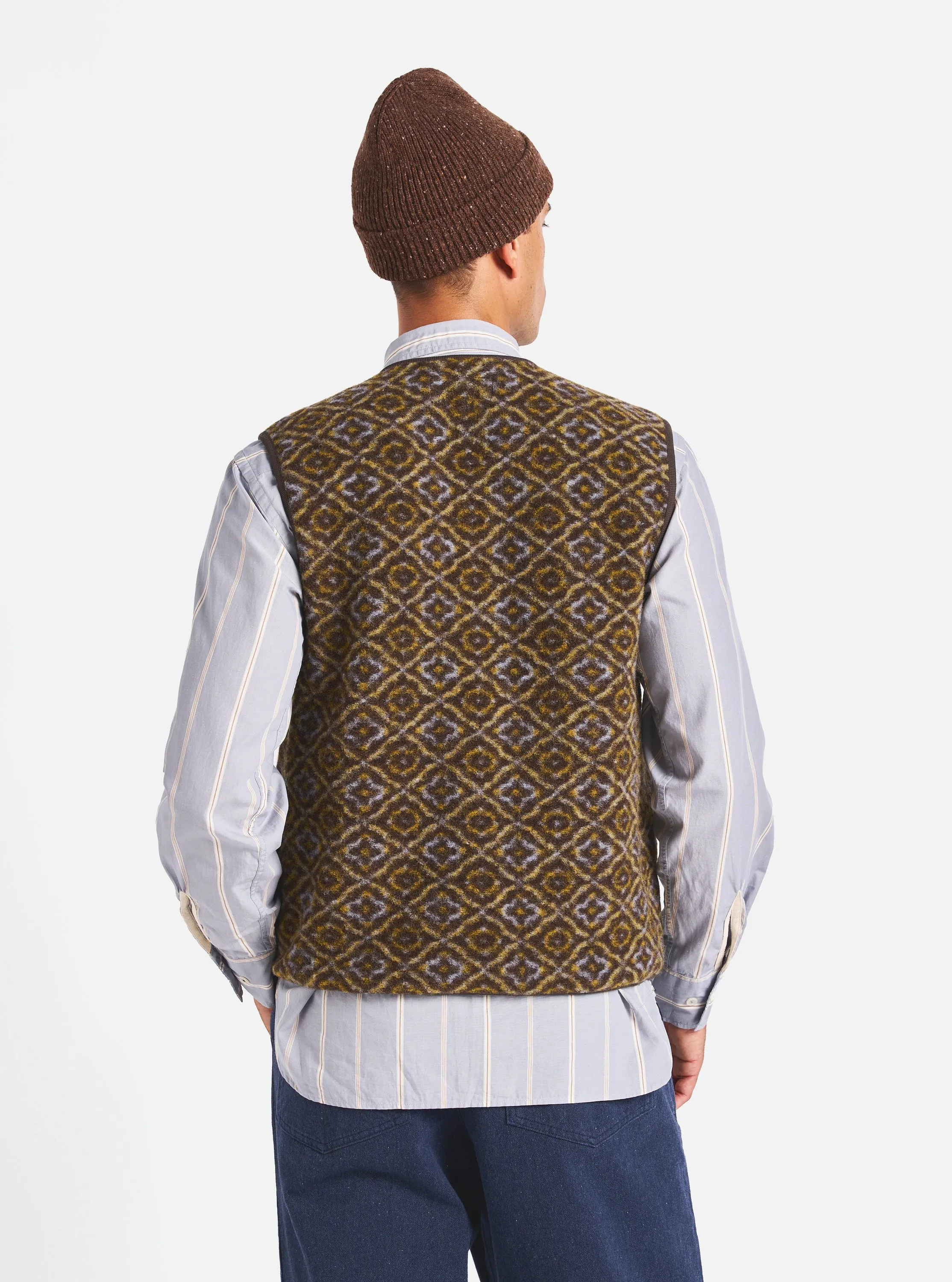 Universal Works Zip Gilet in Brown Geometric Fleece