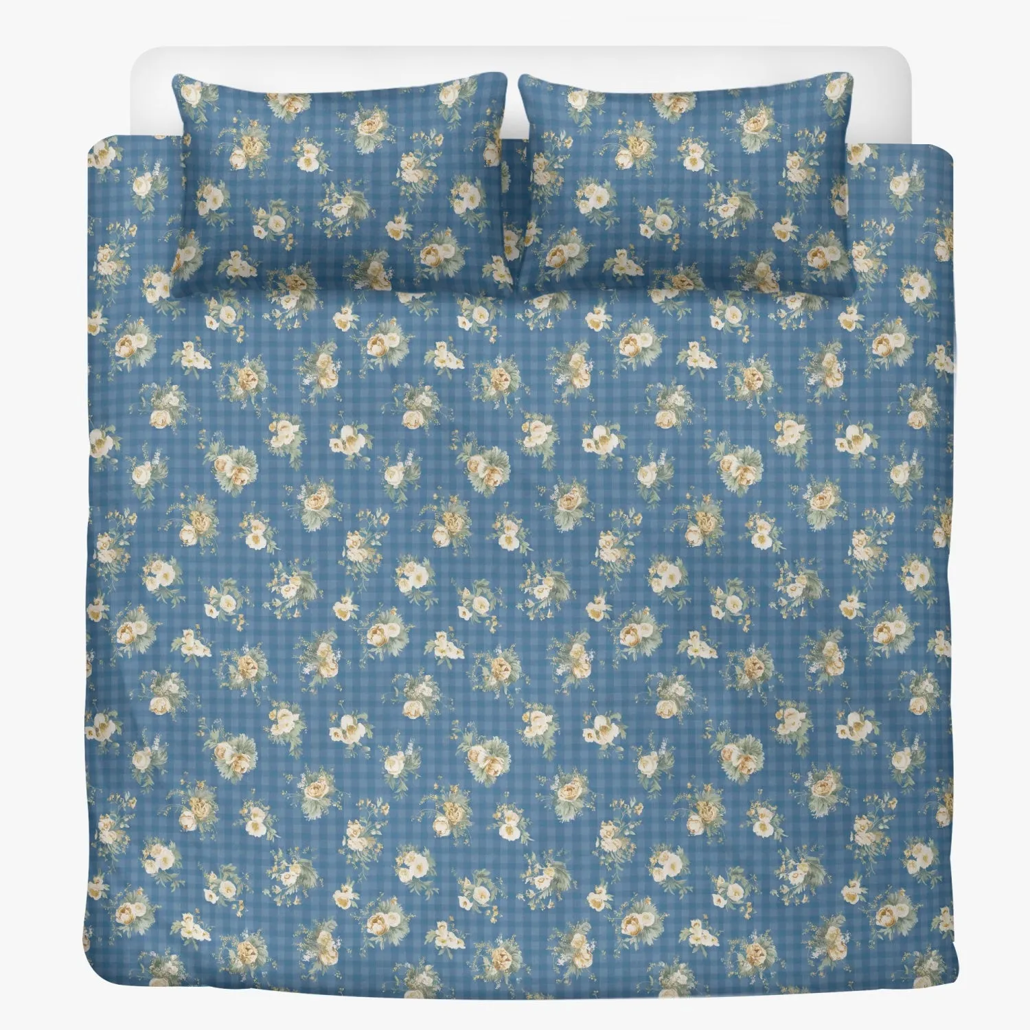 Vampire Art 3-Piece Retro Polyester Bedding Set - Blue Chequered with Flowers