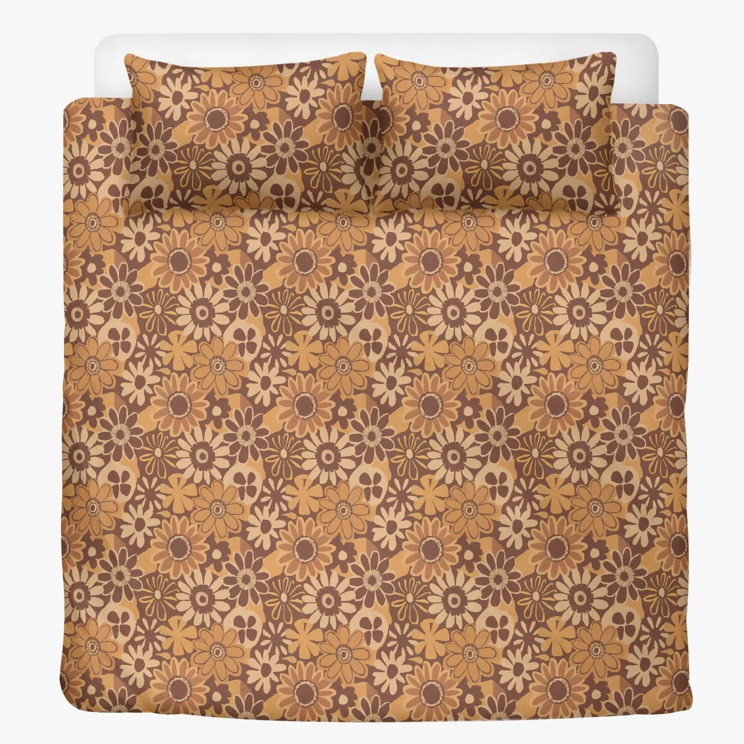 Vampire Art 3-Piece Retro Polyester Bedding Set - Brown 1970s Florals