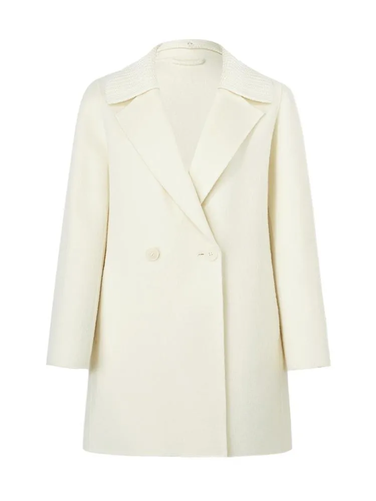 White Mid-Length Double-Faced Wool Women Coat With Detachable Collar