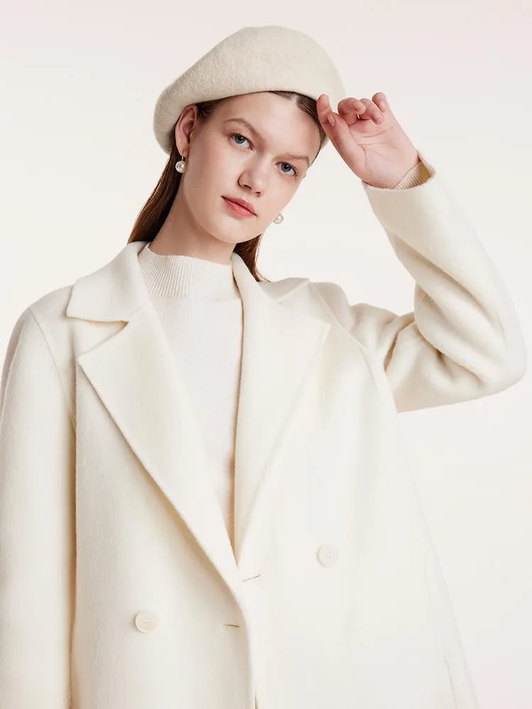 White Mid-Length Double-Faced Wool Women Coat With Detachable Collar