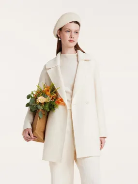 White Mid-Length Double-Faced Wool Women Coat With Detachable Collar