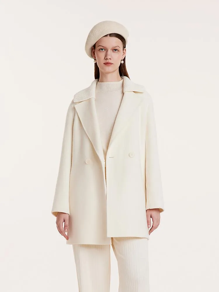 White Mid-Length Double-Faced Wool Women Coat With Detachable Collar