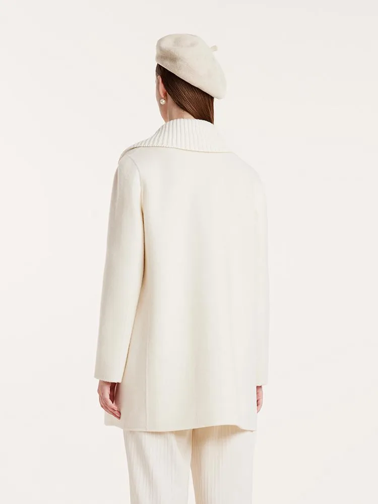 White Mid-Length Double-Faced Wool Women Coat With Detachable Collar