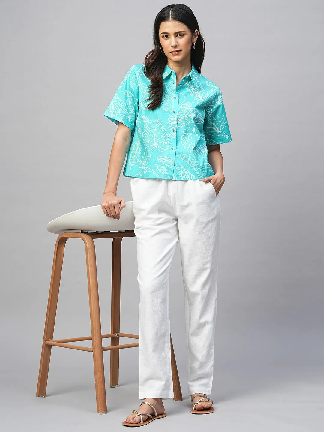 Women's Aqua Cotton Regular Fit Blouse