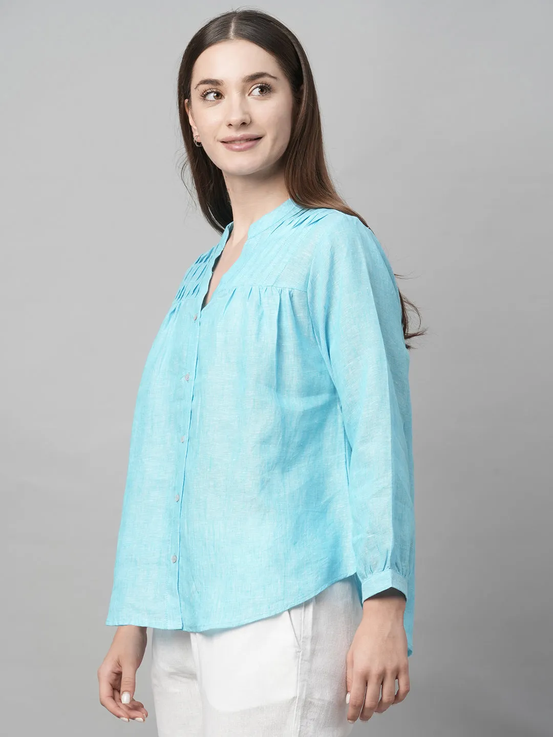 Women's Aqua Linen Regular Fit Blouse