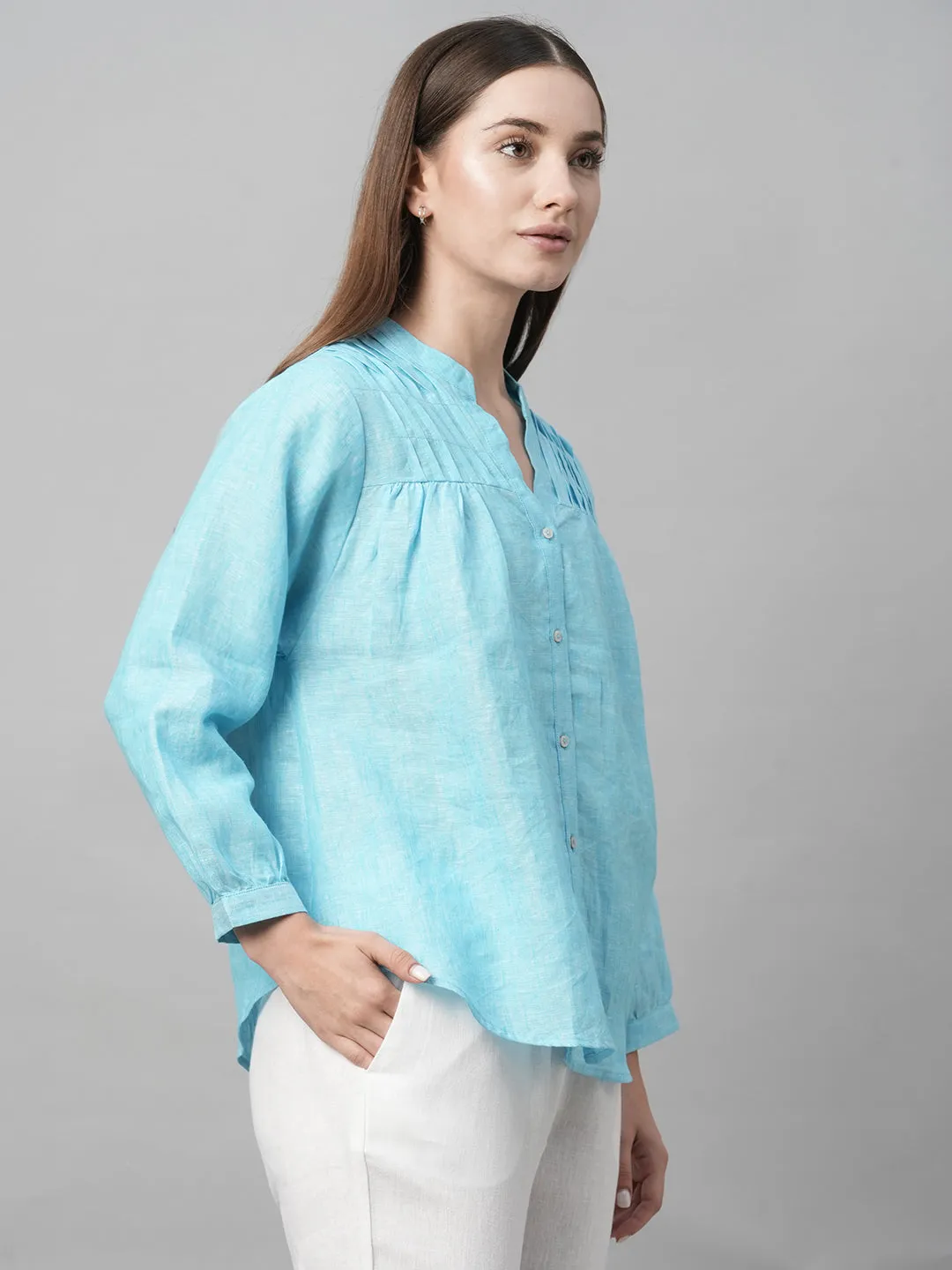 Women's Aqua Linen Regular Fit Blouse