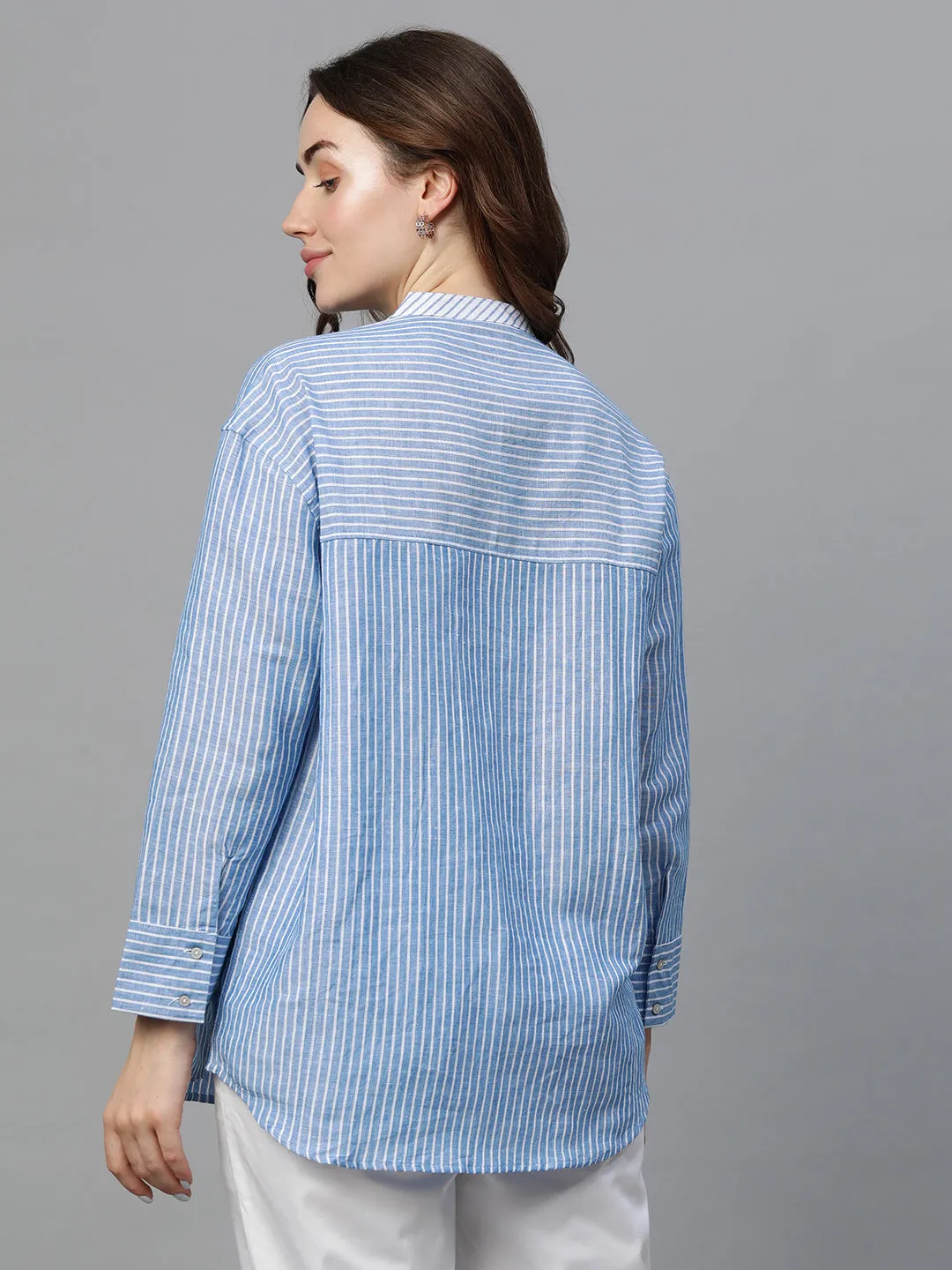 Women's Blue Linen Regular Fit Blouse