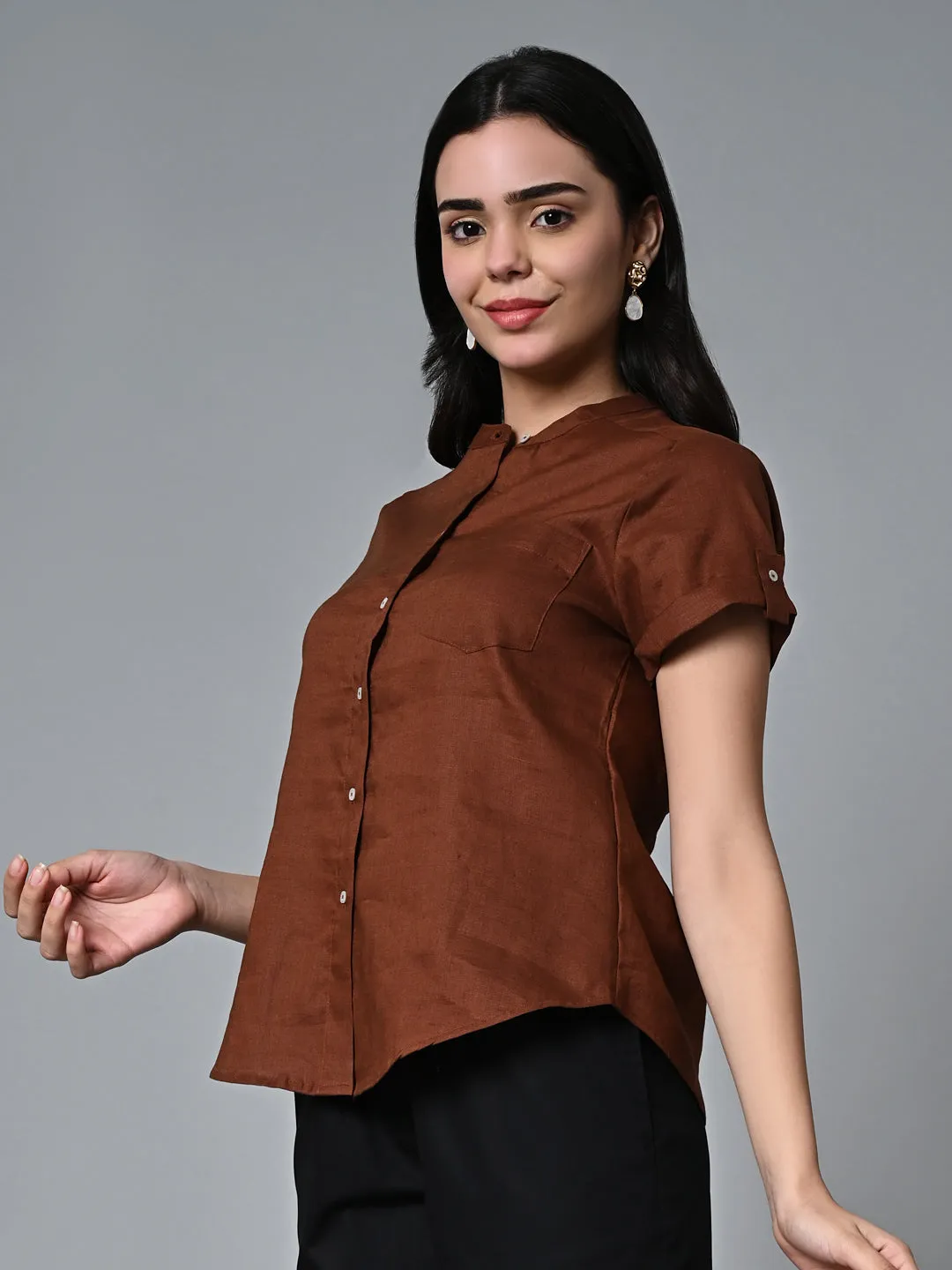 Women's Brown Linen Regular Fit Blouse