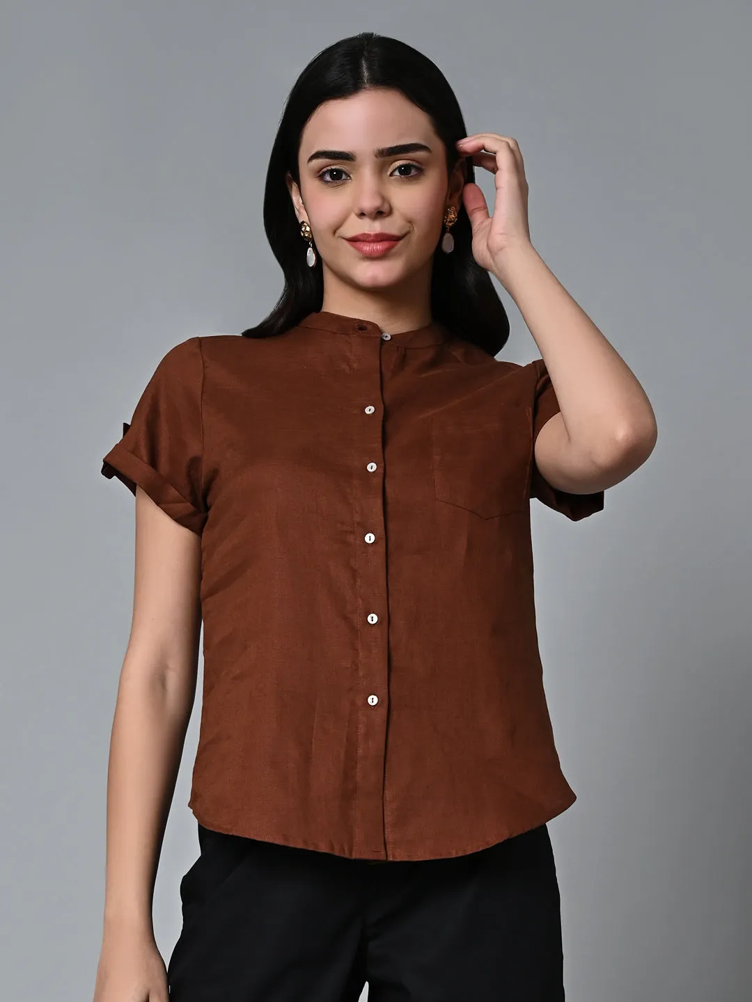 Women's Brown Linen Regular Fit Blouse