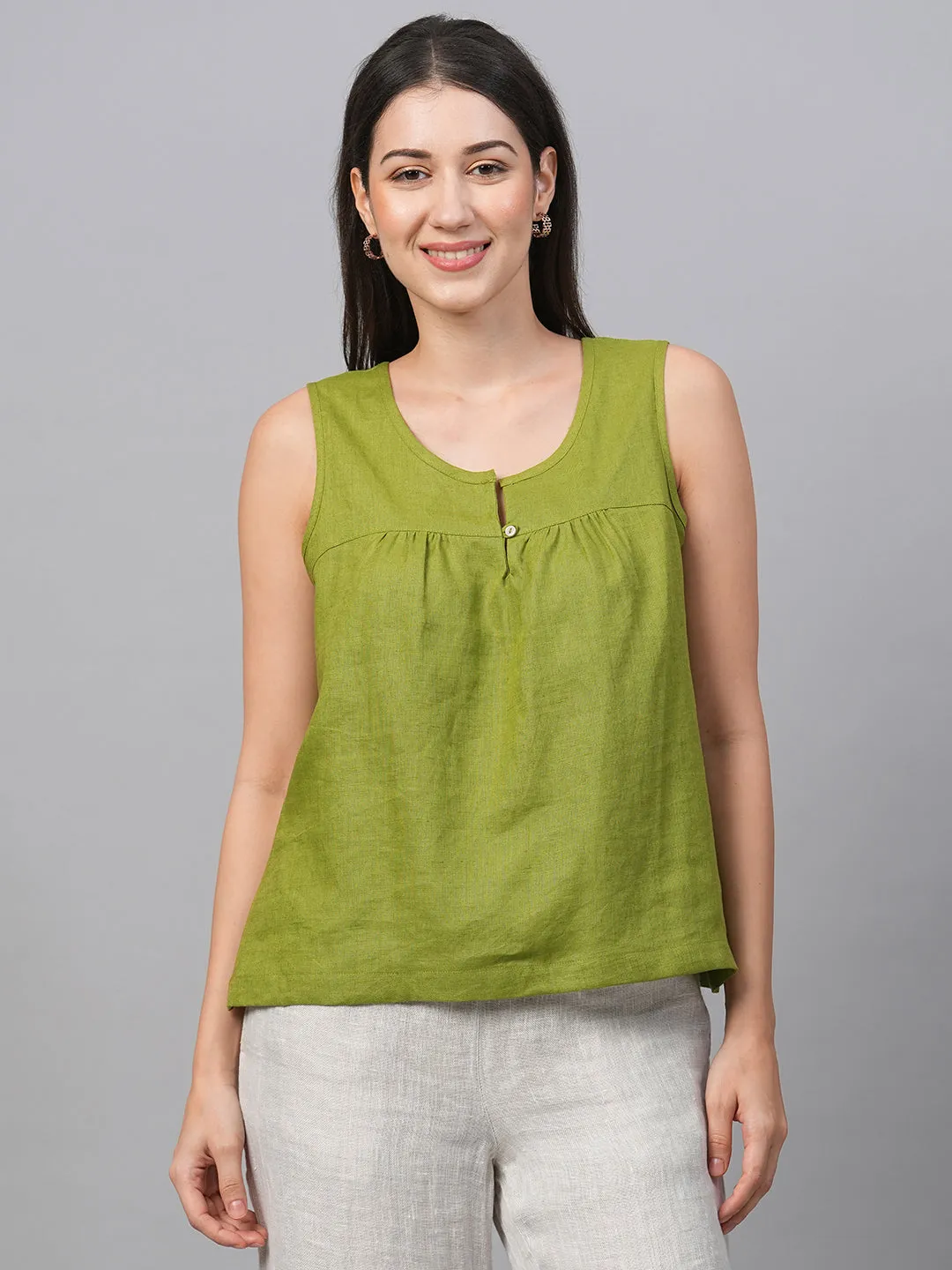 Women's Green Linen Regular Fit Blouse