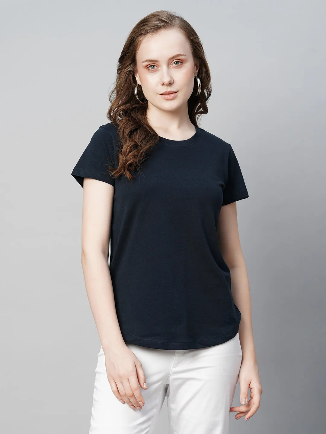 Women's Navy Cotton Regular Fit Tshirt