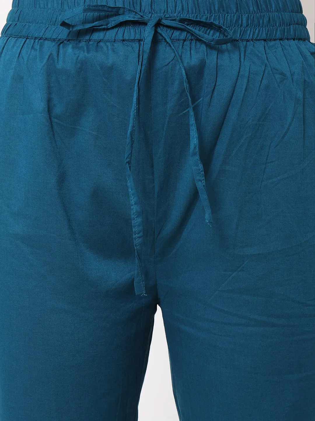 Women's Teal Cotton Regular Fit Pants