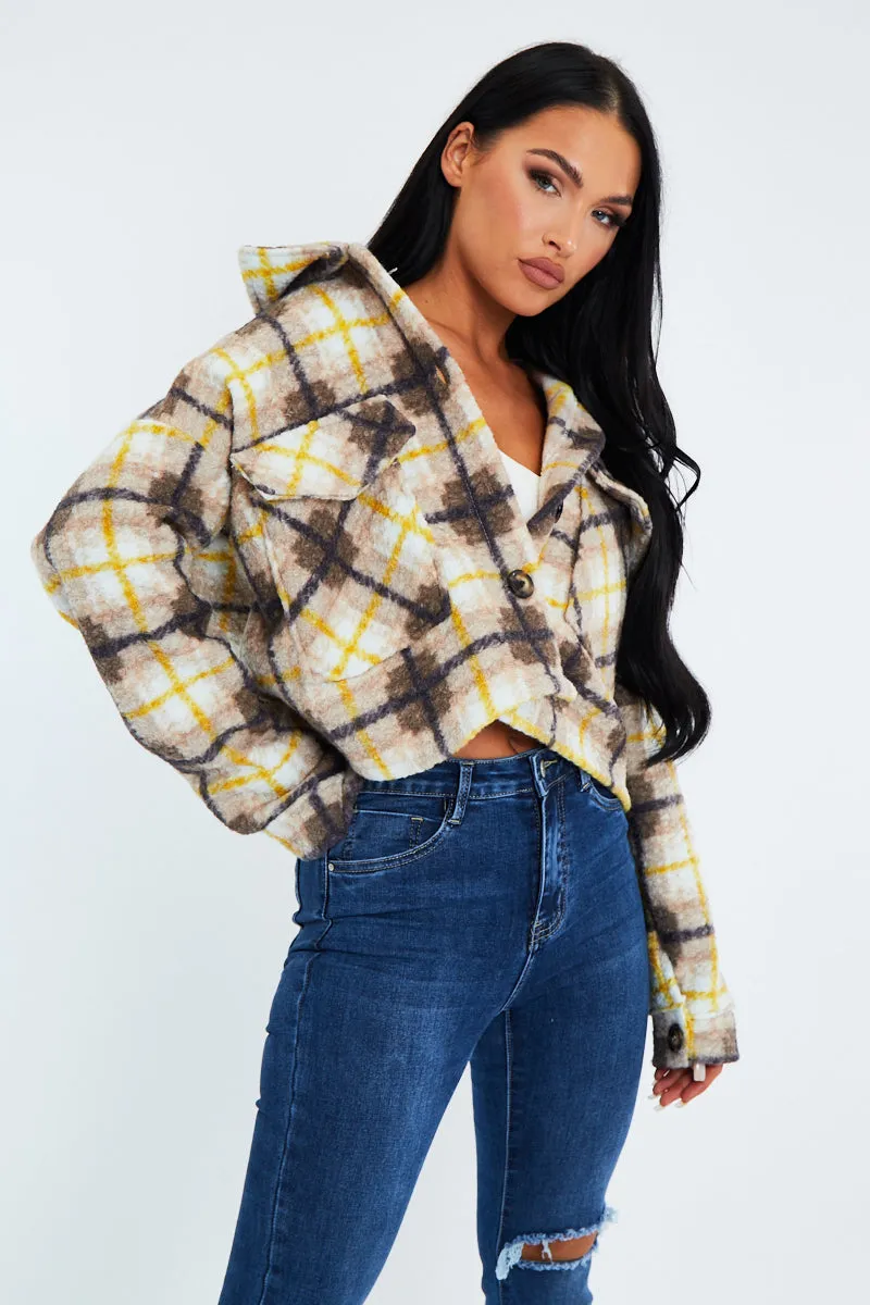 Yellow Checked Cropped Pocket Front Shacket - Ebonni